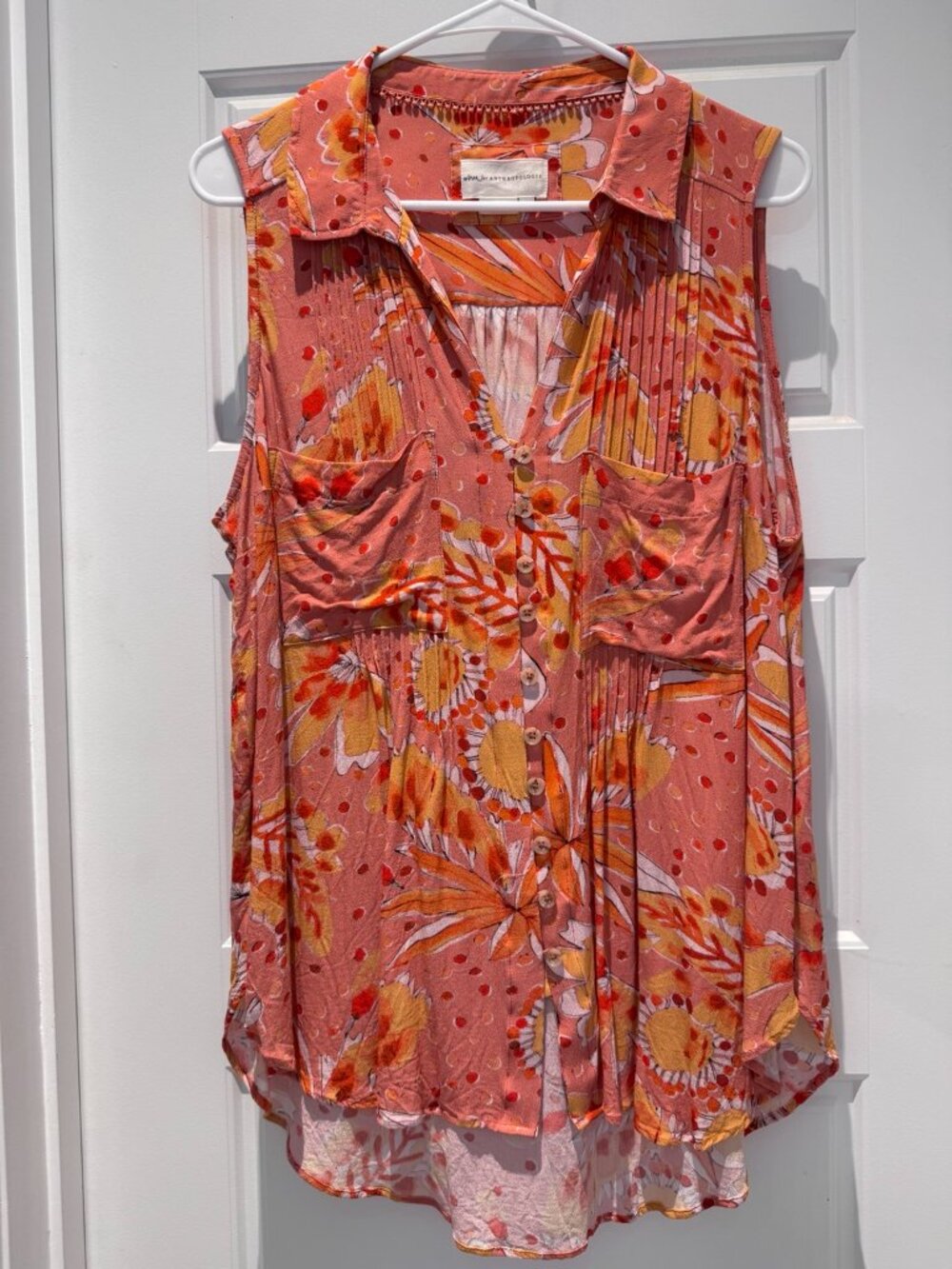 Anthropologie Vera Floral Buttondown Tank XL Pink Botanical Sleeveless Blouse